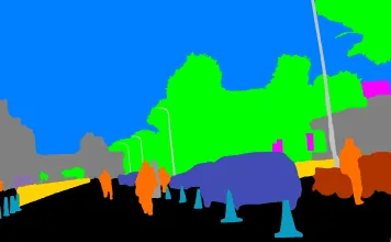 JoinAI Simulaix generated daytime road scene 1 segmentation, showing the segmentation of the road and its elements with traffic cones.