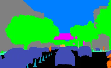 JoinAI Simulaix generated daytime road scene 2 segmentation, showing the segmentation of the road and its elements with traffic cones.