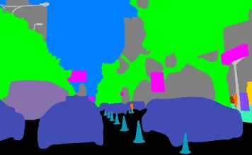 JoinAI Simulaix generated daytime road scene 3 segmentation, showing the segmentation of the road and its elements with traffic cones.